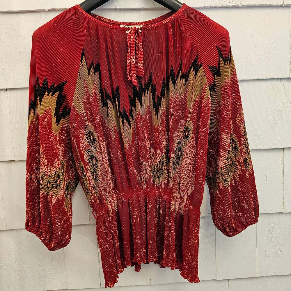 Vintage Virginie Paris Pleated 2 Piece Skirt Set Red Floral Long Sleeve Women's